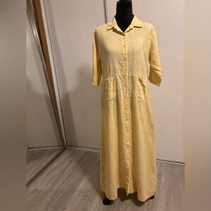 Coldwater Creek Yellow Linen Midi Shirt Dress Sz M Button Front Lagenlook Boho